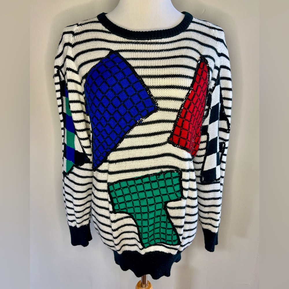 Vintage Colorful Striped Geometric Crew Neck Sweater